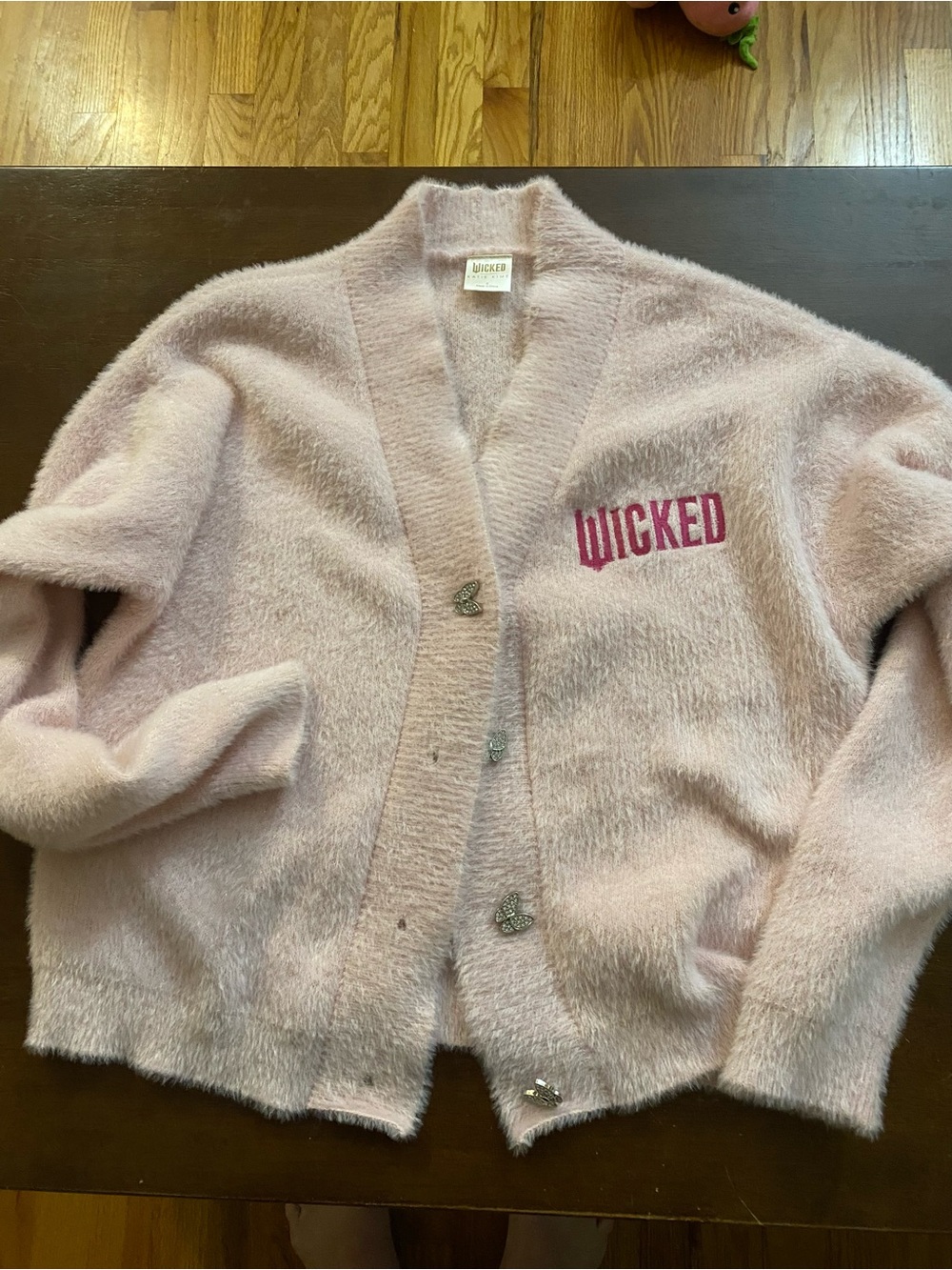 Wicked Embroidered Soft Pink Fuzzy Cardigan